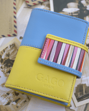 Cartera mujer pequeña piel amarillo y celeste