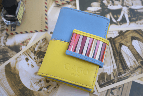 Cartera mujer pequeña piel amarillo y celeste