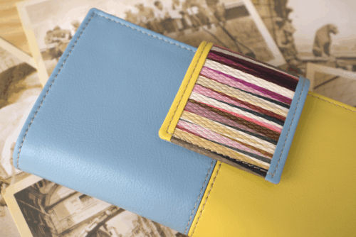 Cartera mujer grande piel amarillo y celeste