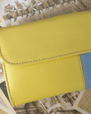 Cartera mujer grande piel amarillo y celeste