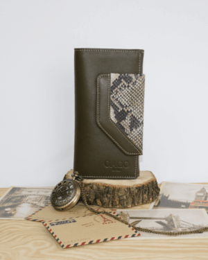 Cartera mujer grande piel serpiente y oliva