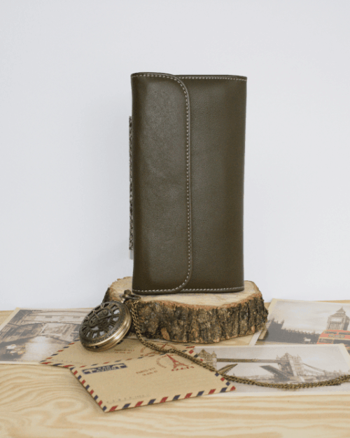 Cartera mujer grande piel serpiente y oliva